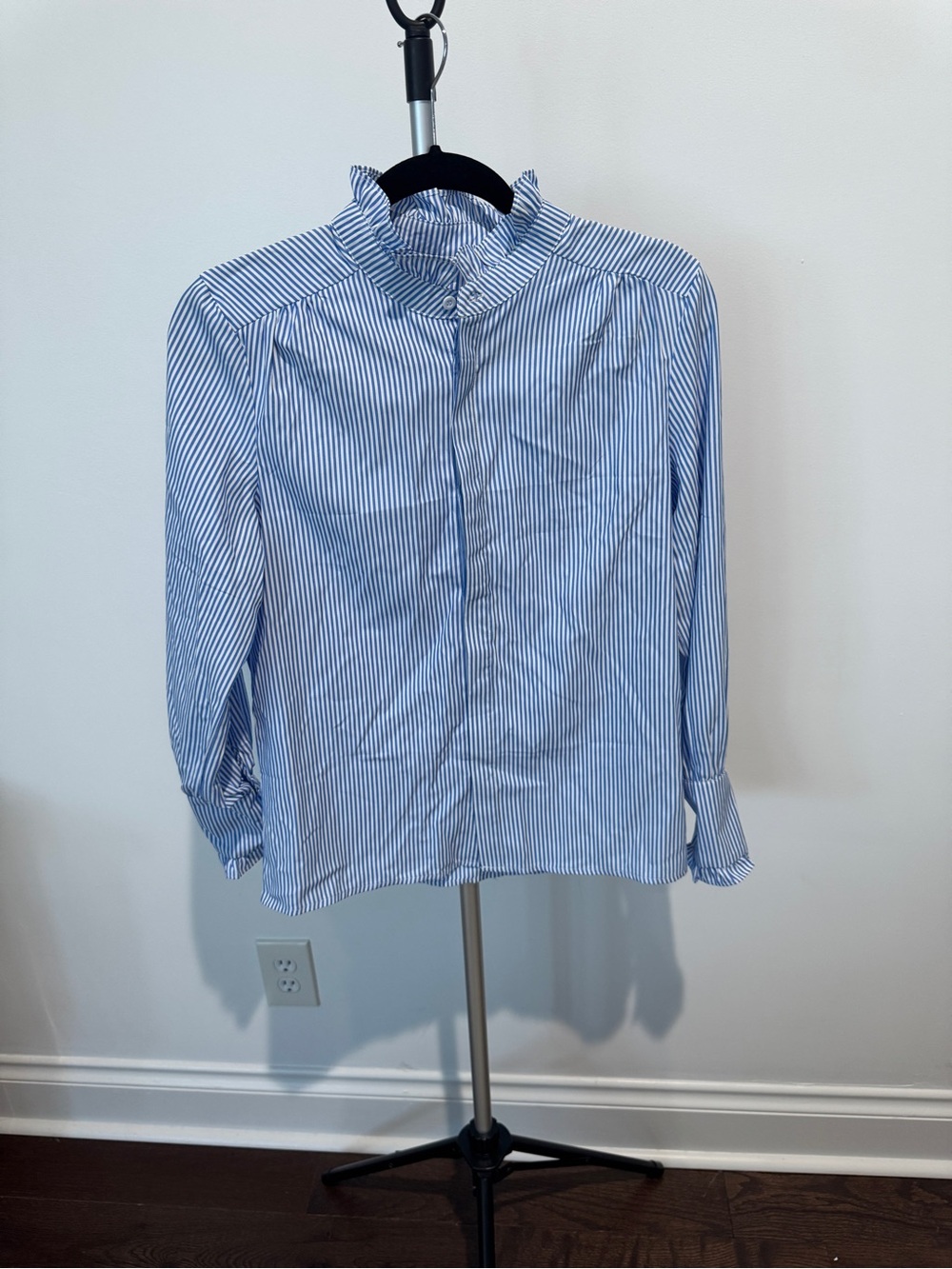 Blue Stripe Ruffled Collar Button-Down Shirt